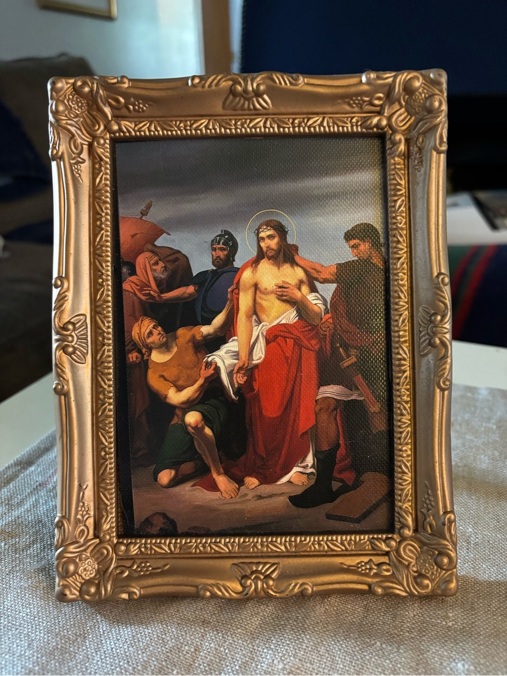 (MW39)Ornate Gold Picture Frame with Religious Art Print - Red Accents